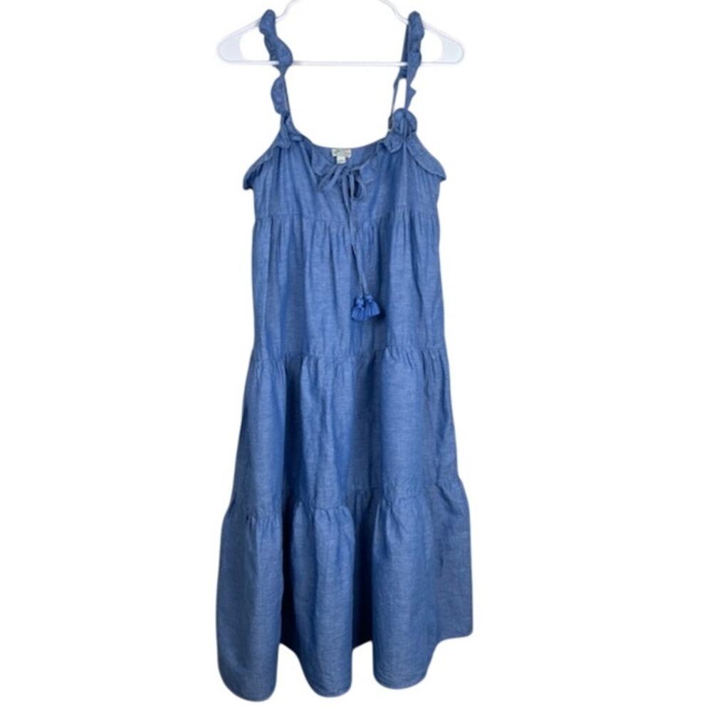 J. Crew women's linen-cotton blue chambray tiered dress.
